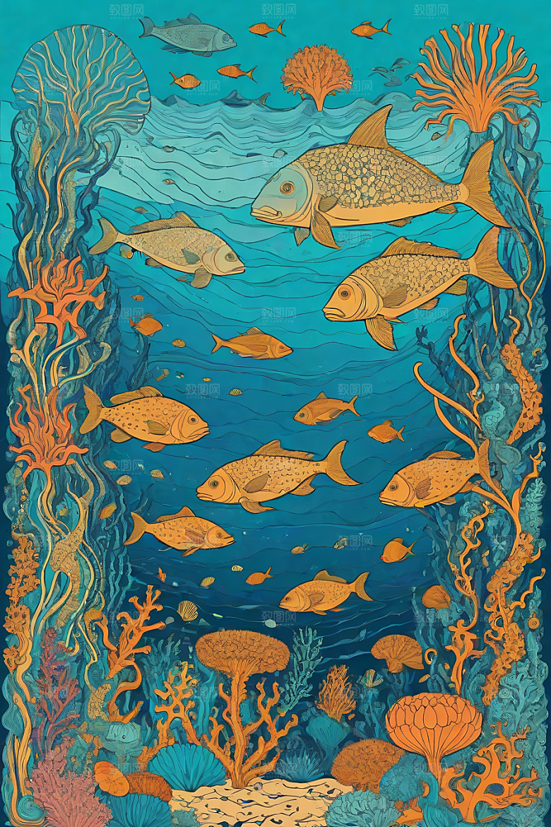 海洋幻想植物和生物插画的梦幻世界