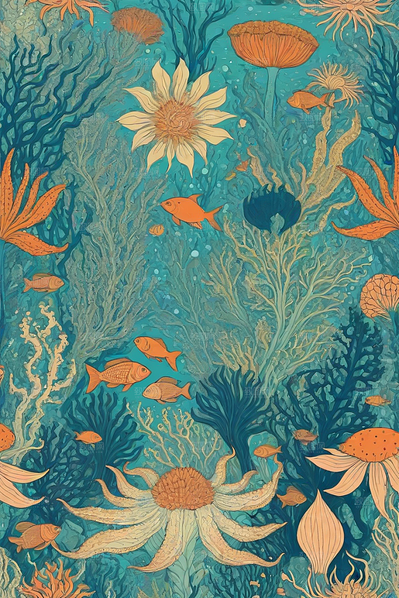 海洋幻想植物和生物插画的梦幻世界