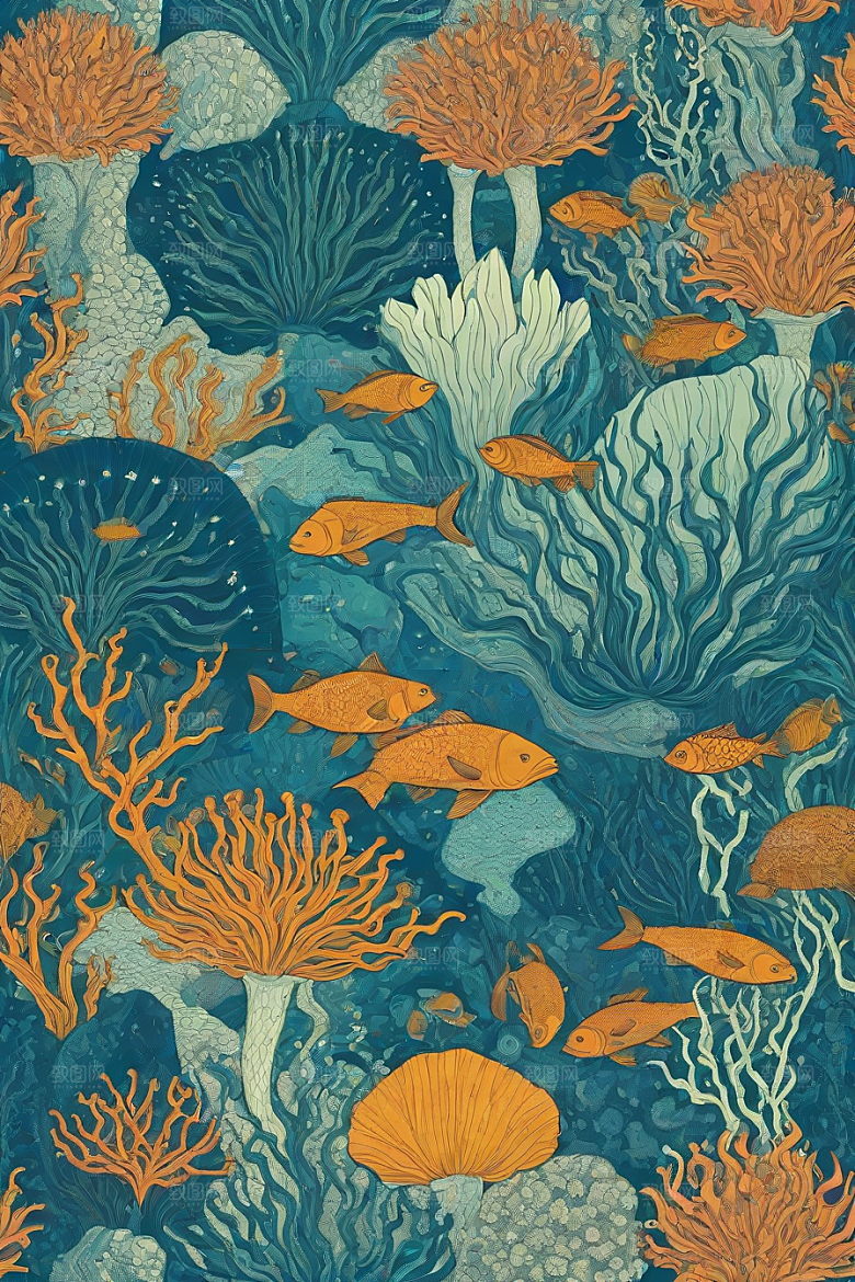 海洋幻想植物和生物插画的梦幻世界