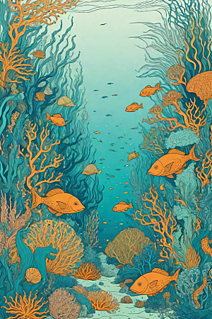 海洋幻想植物和生物插画的梦幻世界