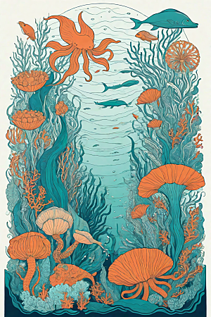海洋幻想植物和生物插画的梦幻世界