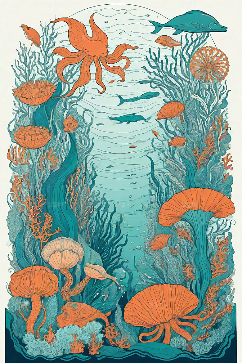 海洋幻想植物和生物插画的梦幻世界