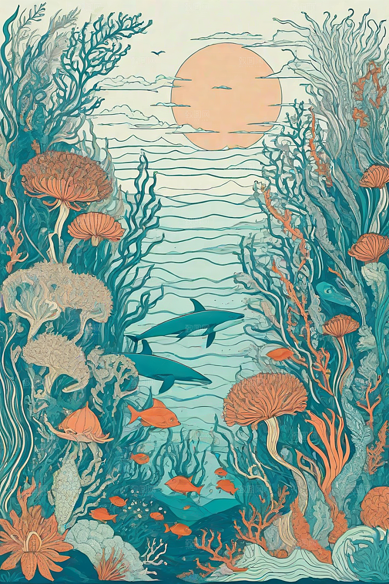 海洋幻想植物和生物插画的梦幻世界