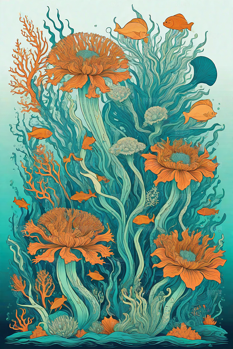 海洋幻想植物和生物插画的梦幻世界