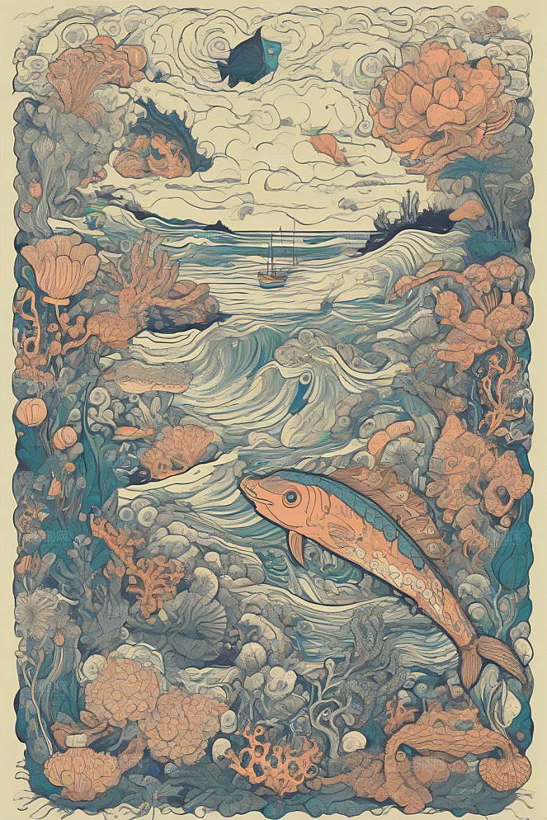 海洋幻想植物和生物插画的梦幻世界