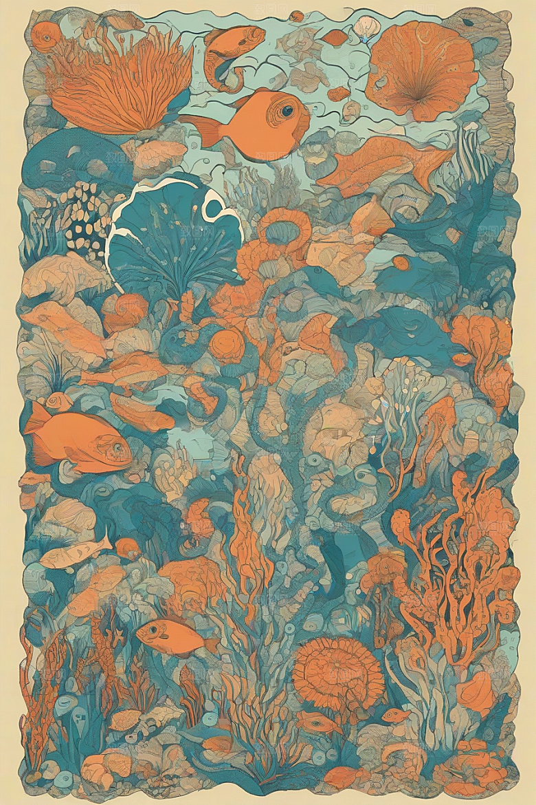 海洋幻想植物和生物插画的梦幻世界