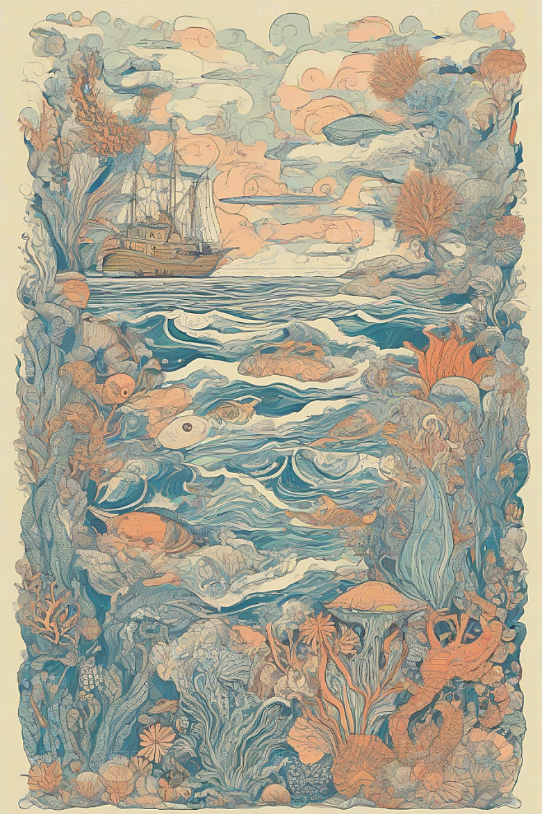 海洋幻想植物和生物插画的梦幻世界
