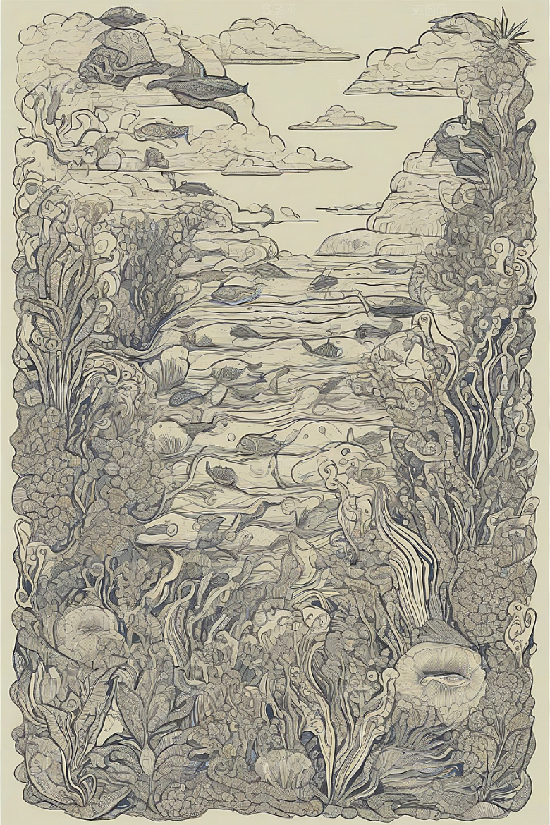 海洋幻想植物和生物插画的梦幻世界