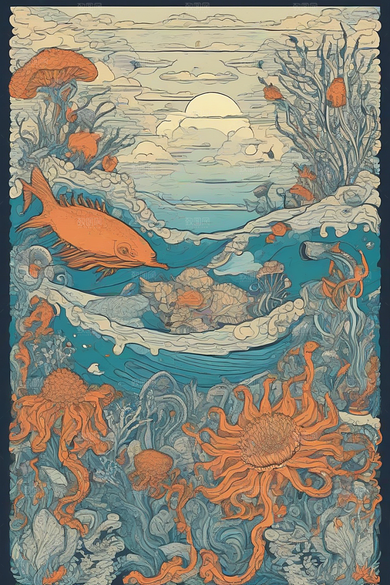 海洋幻想植物和生物插画的梦幻世界