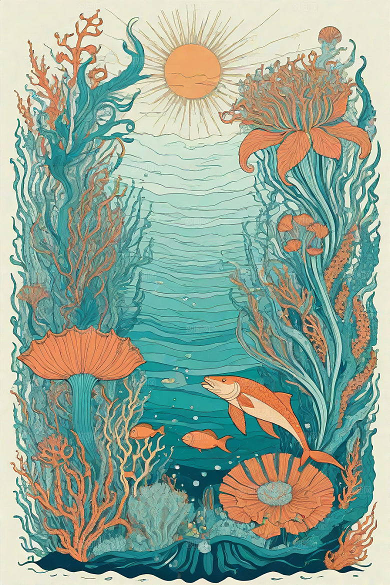 海洋幻想植物和生物插画的梦幻世界