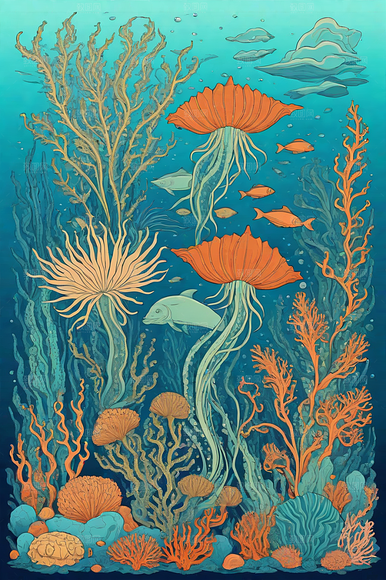 海洋幻想植物和生物插画的梦幻世界