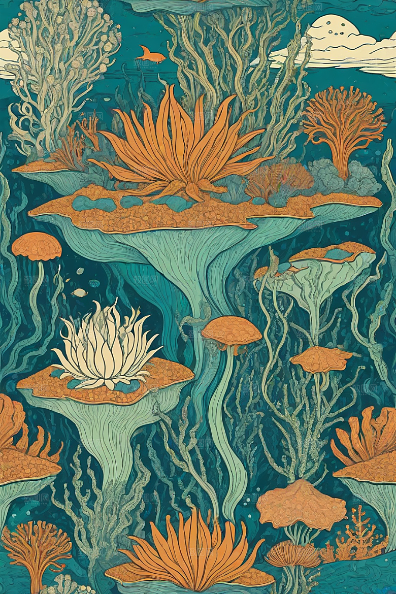 海洋幻想植物和生物插画的梦幻世界