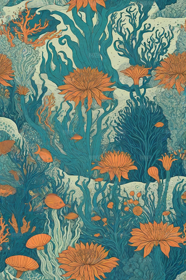 海洋幻想植物和生物插画的梦幻世界