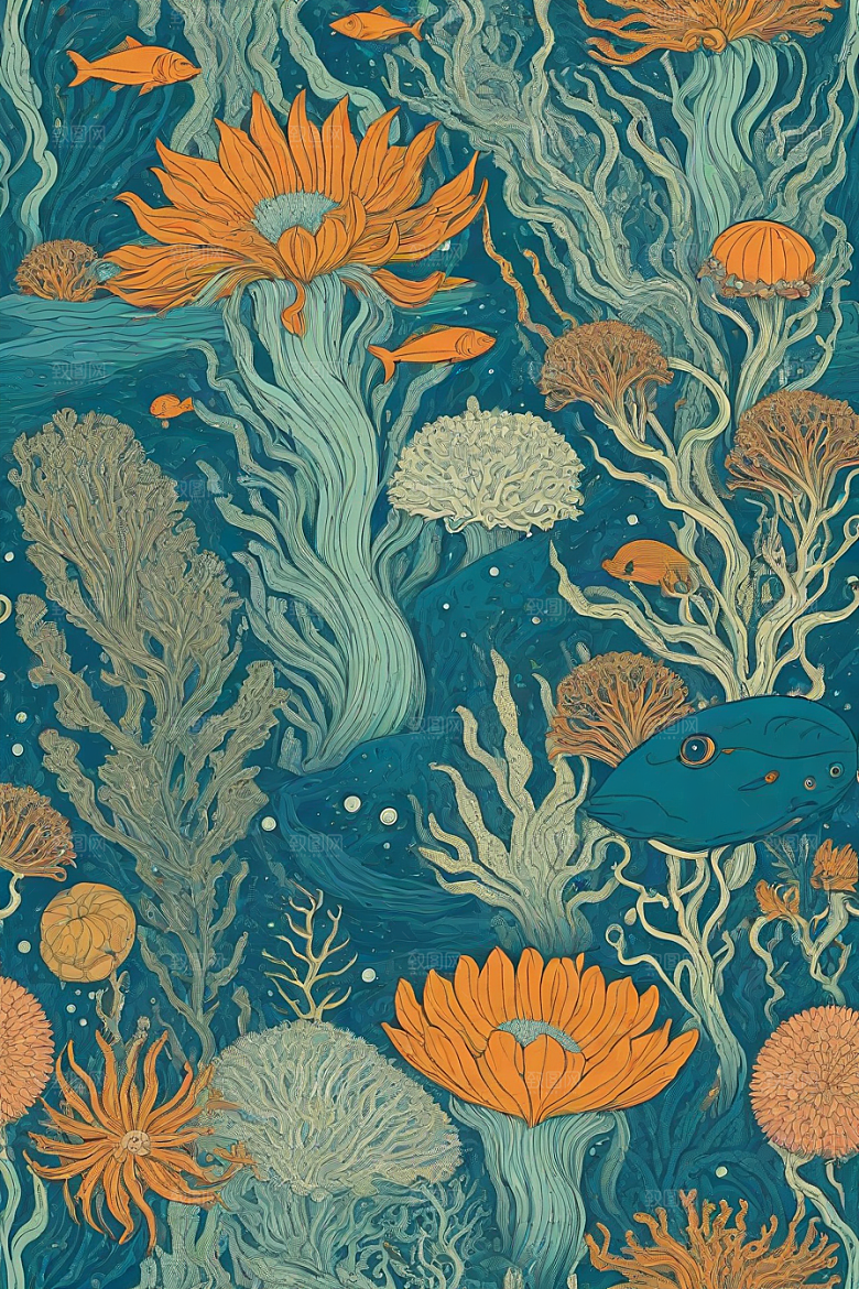 神奇海洋植物和生物的幻觉插画