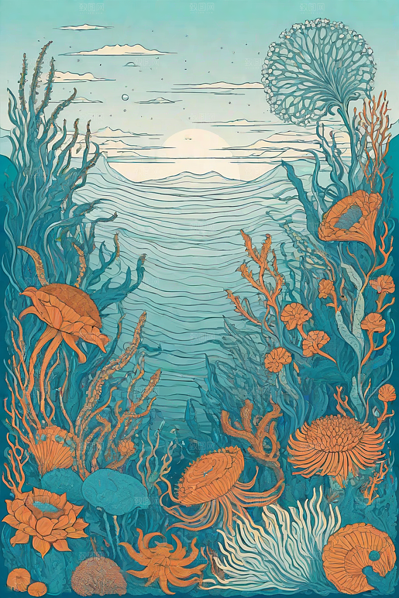 神奇海洋植物和生物的幻觉插画