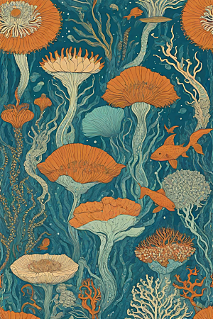 神奇海洋植物和生物的幻觉插画
