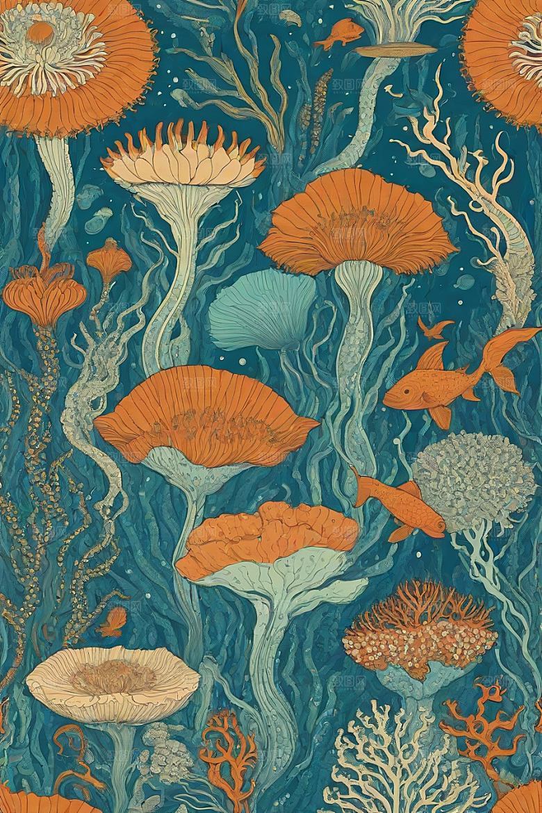 神奇海洋植物和生物的幻觉插画