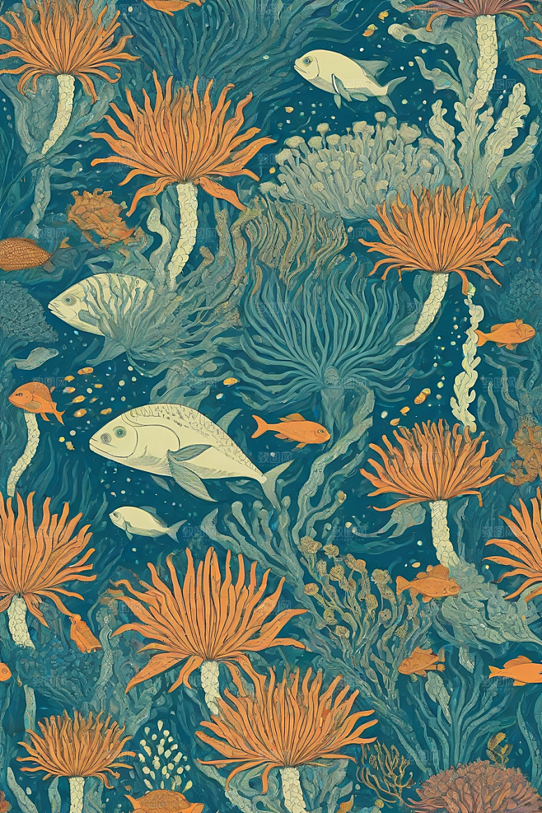 神奇海洋植物和生物的幻觉插画