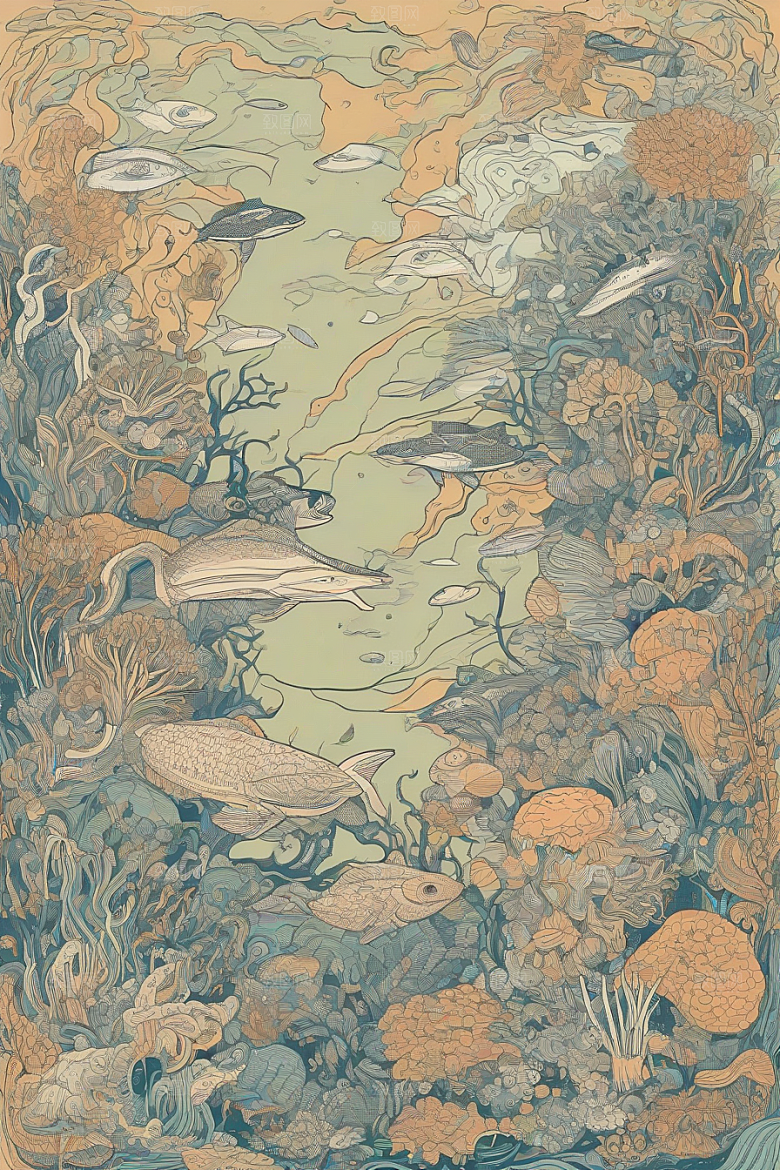 神奇海洋植物和生物的幻觉插画