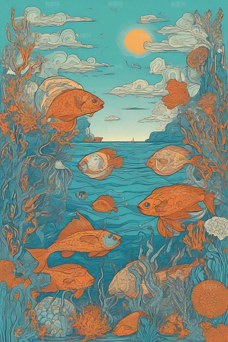 神奇海洋植物和生物的幻觉插画