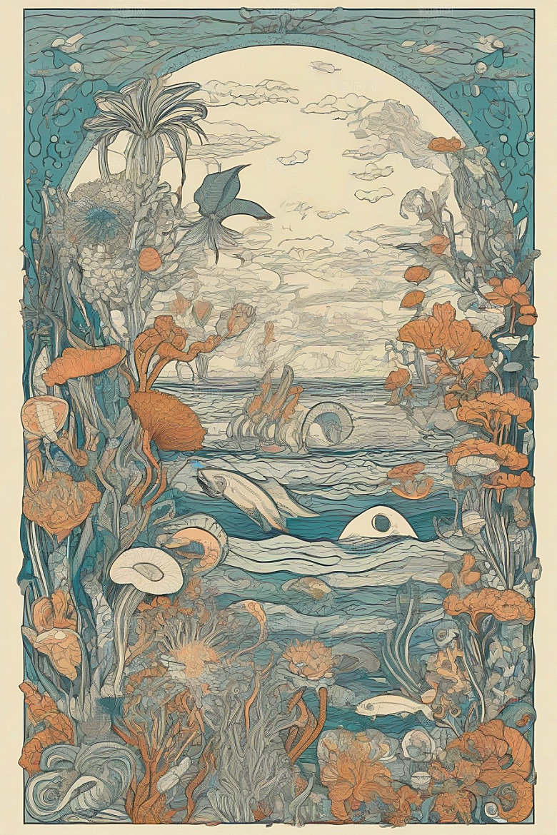 神奇海洋植物和生物的幻觉插画