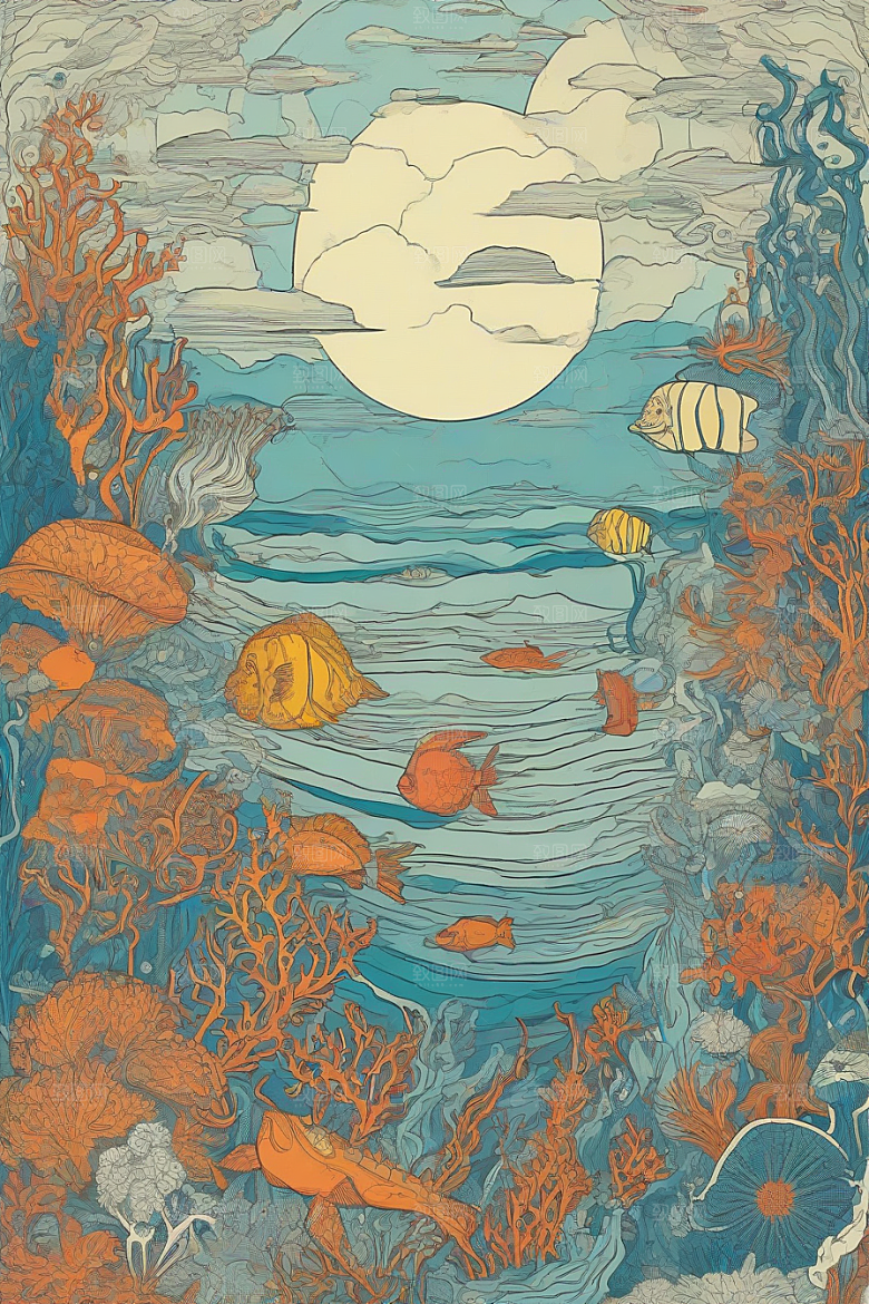 神奇海洋植物和生物的幻觉插画