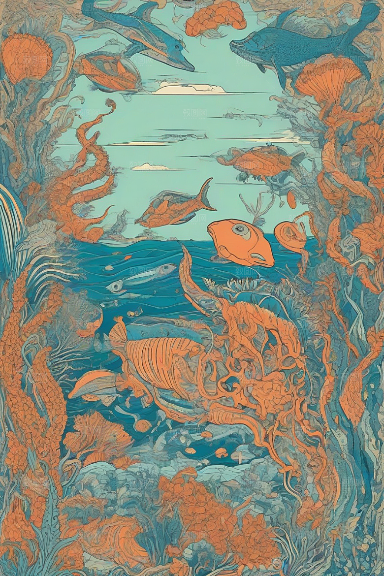 神奇海洋植物和生物的幻觉插画