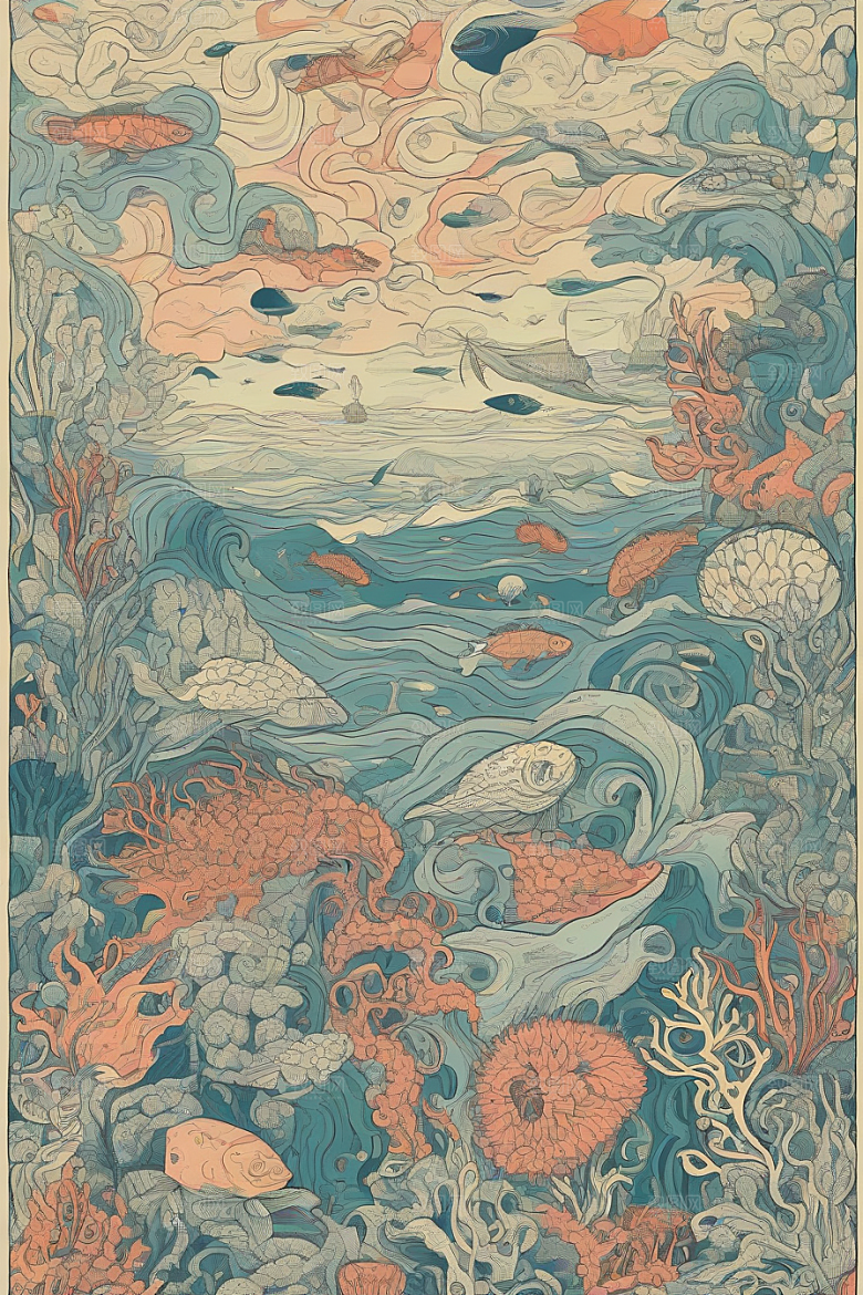 神奇海洋植物和生物的幻觉插画