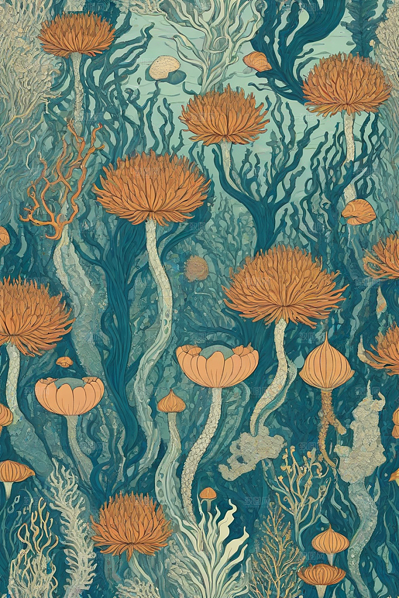 神奇海洋植物和生物的幻觉插画