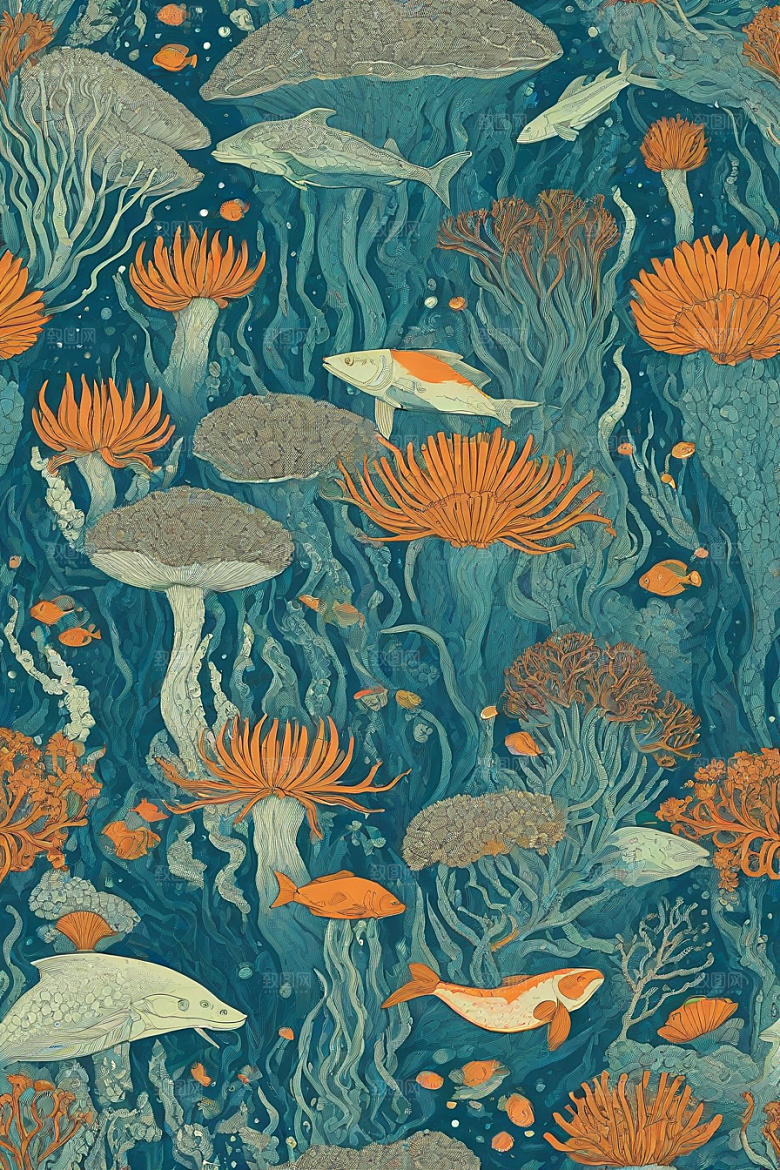 神奇海洋植物和生物的幻觉插画
