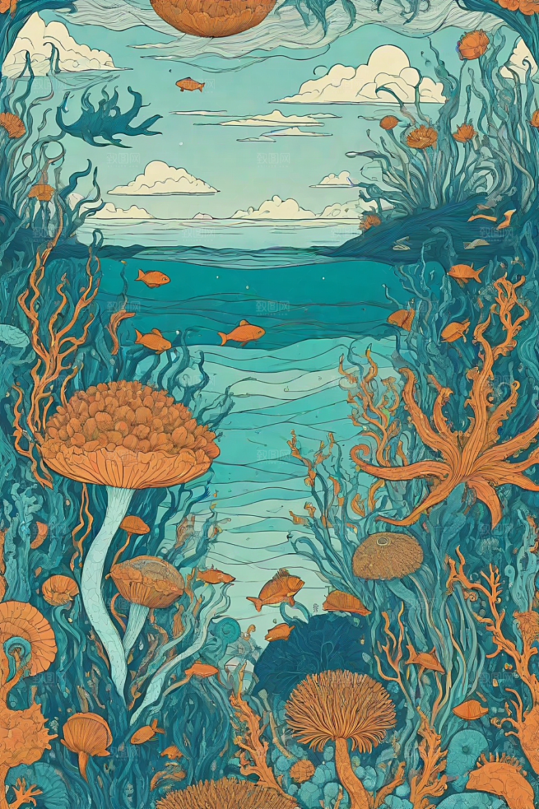 神奇海洋植物和生物的幻觉插画