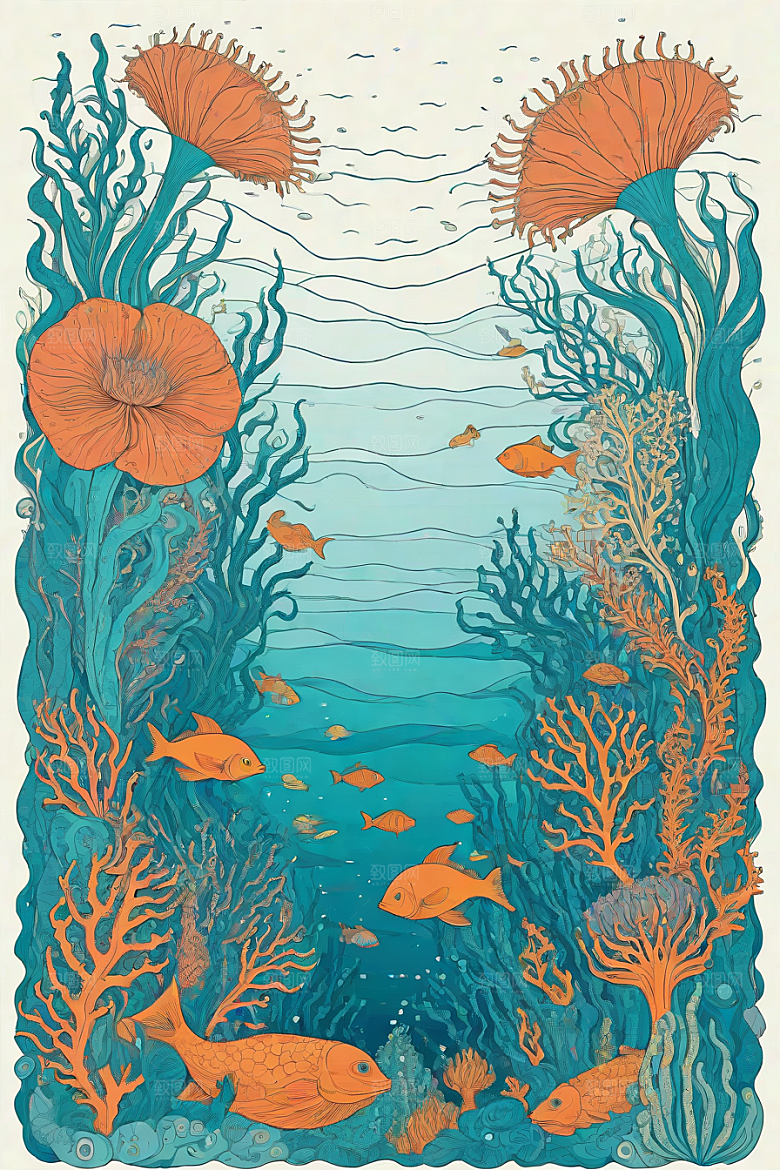 神奇海洋植物和生物的幻觉插画