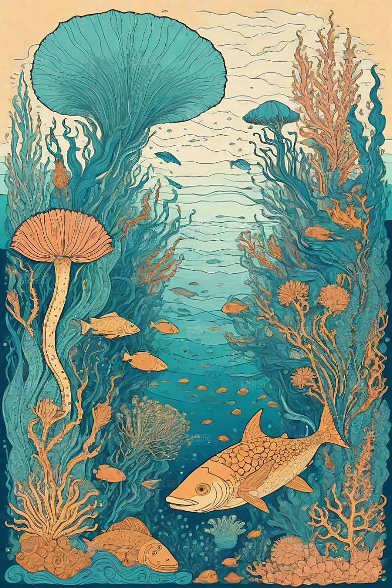 神奇海洋植物和生物的幻觉插画