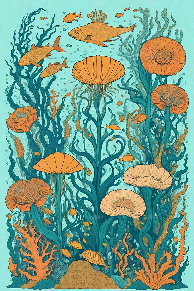 神奇海洋植物和生物的幻觉插画