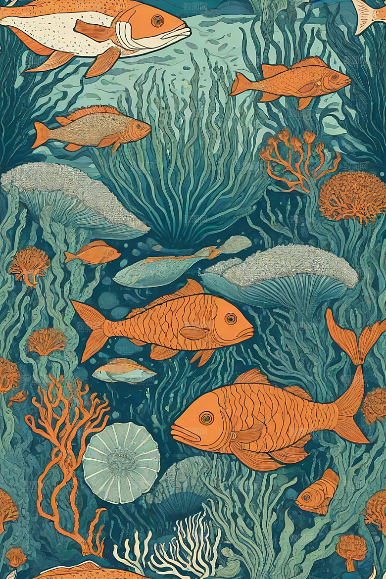 神奇海洋植物和生物的幻觉插画