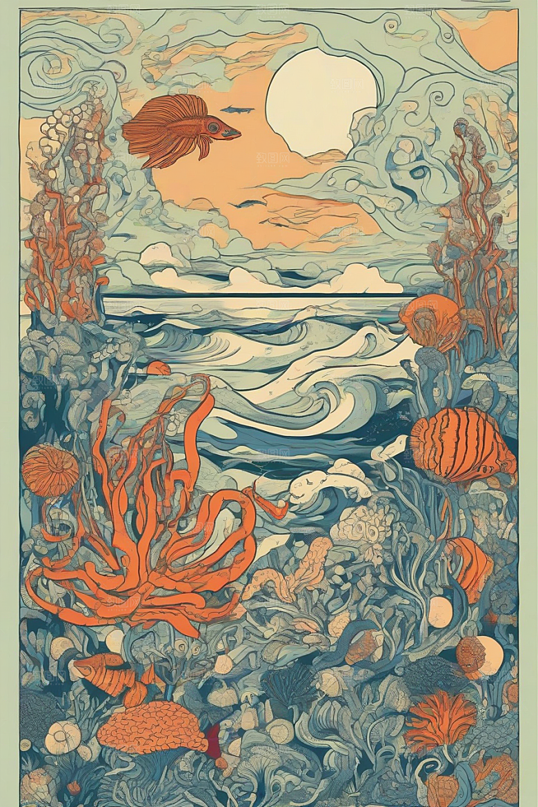 深海探索植物插画