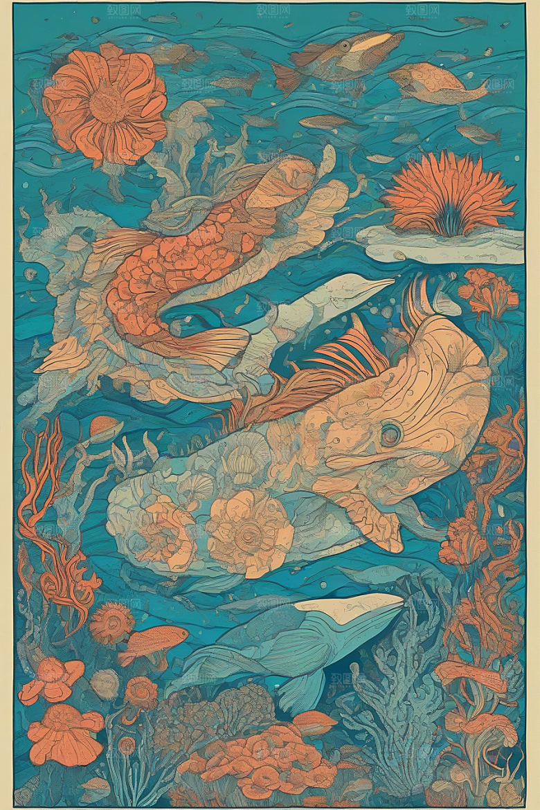 深海探索植物插画