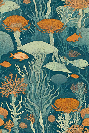 深海探索植物插画