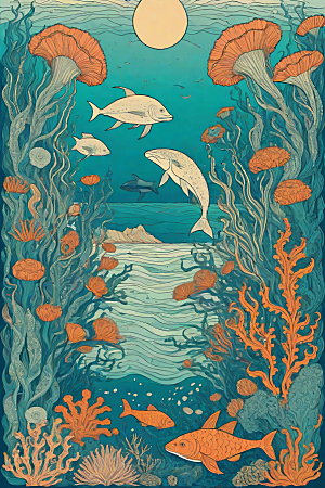 深海探索植物插画