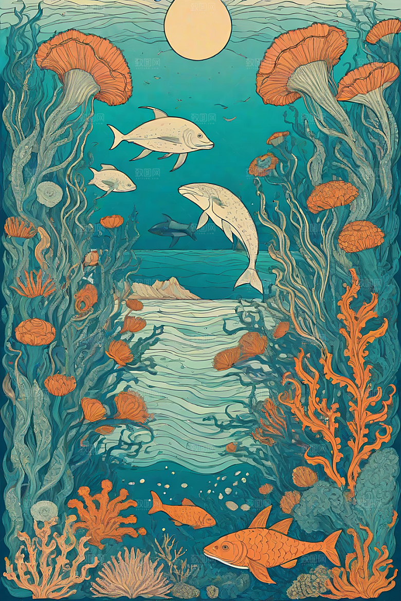 深海探索植物插画