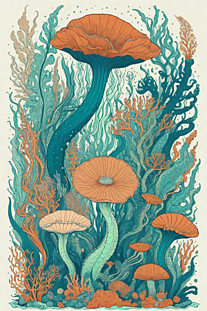 深海探索植物插画