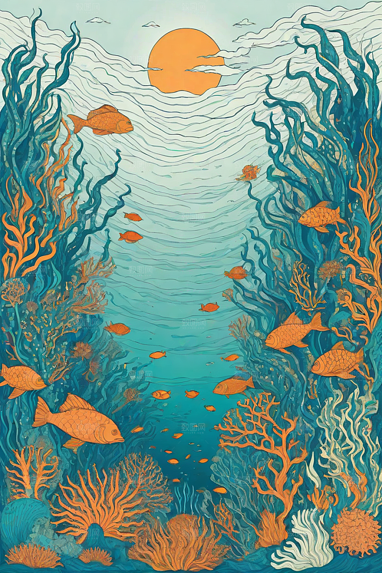 深海探索植物插画