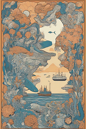深海探索植物插画