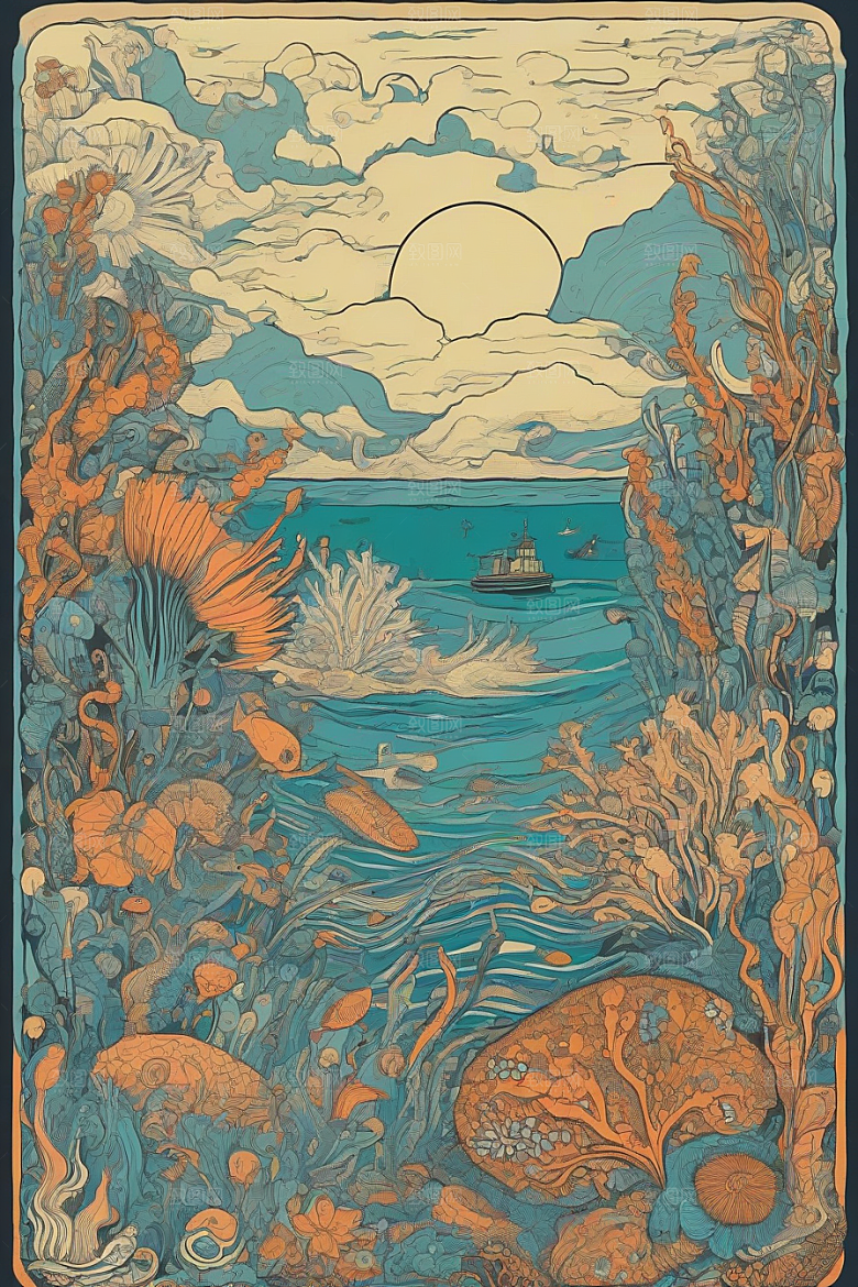 海洋之花风格插画的海洋植物和生物