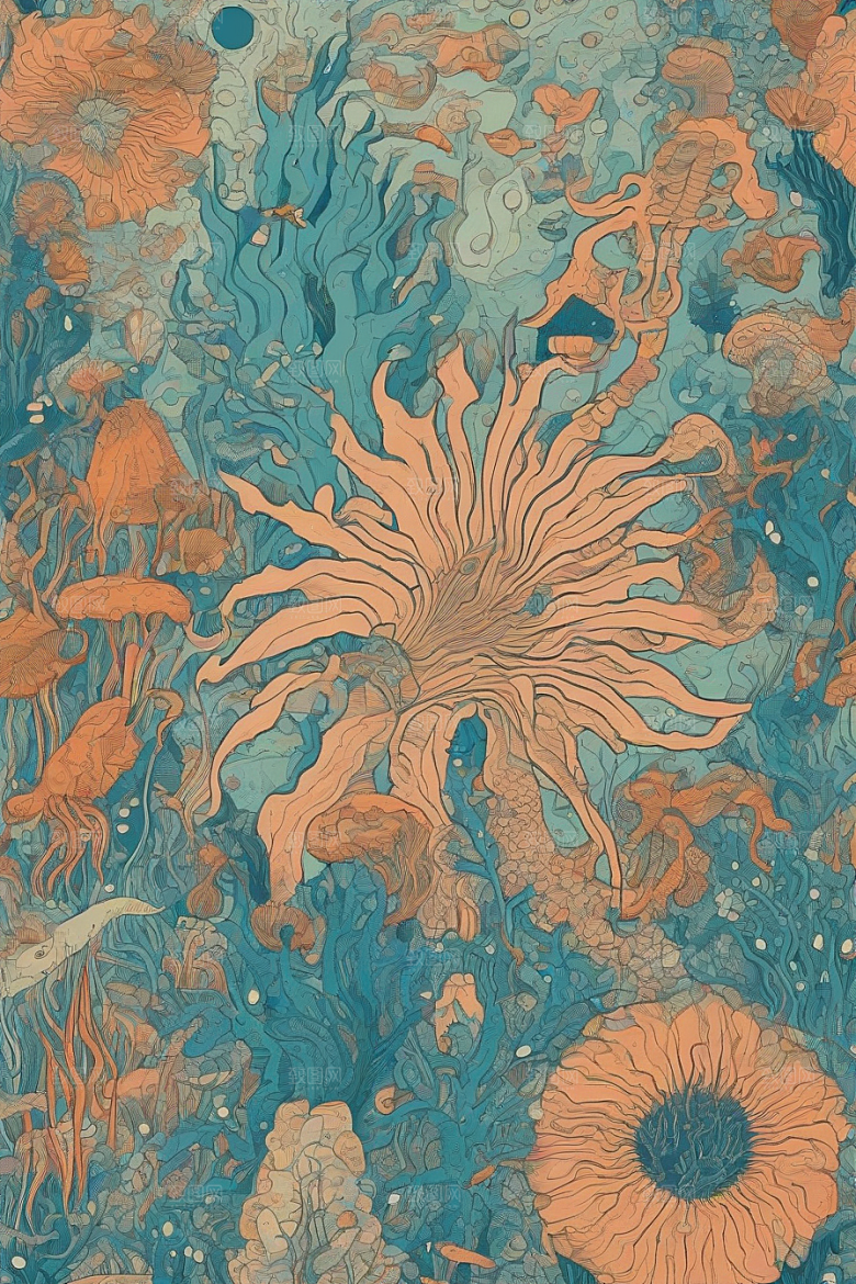海洋之花风格插画的海洋植物和生物