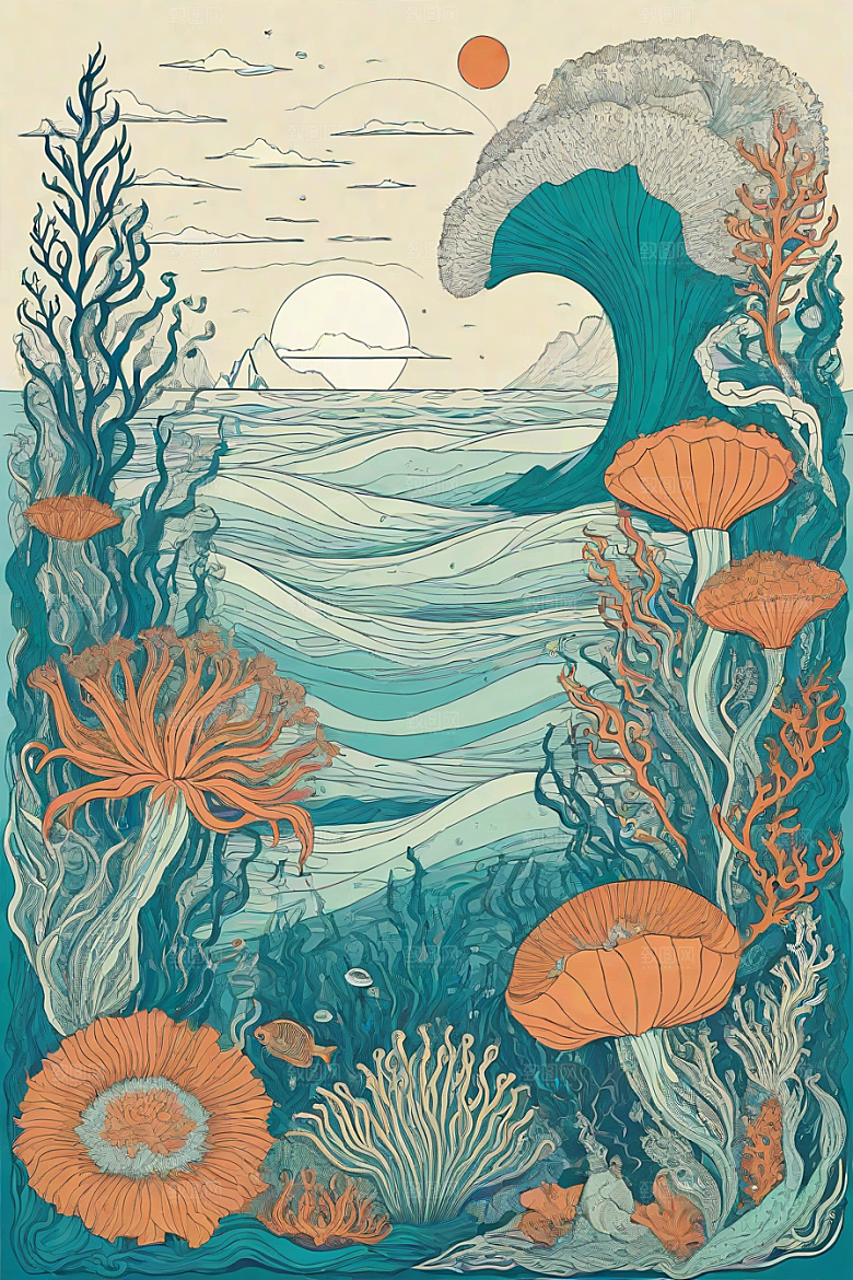 海洋之花风格插画的海洋植物和生物