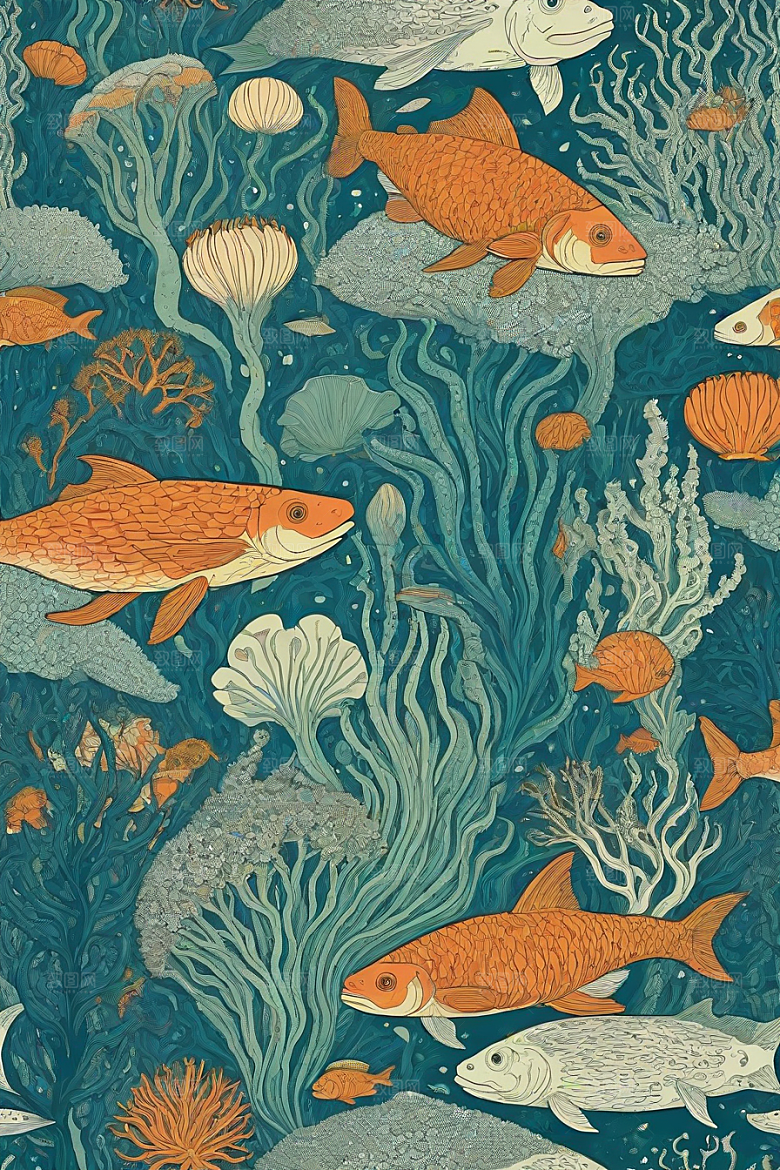 海洋之花风格插画的海洋植物和生物