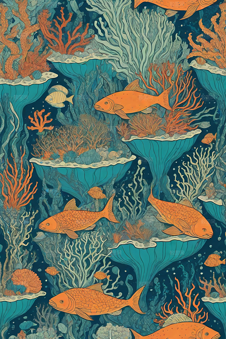 海洋之花风格插画的海洋植物和生物