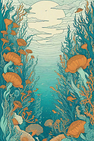 海洋之花风格插画的海洋植物和生物