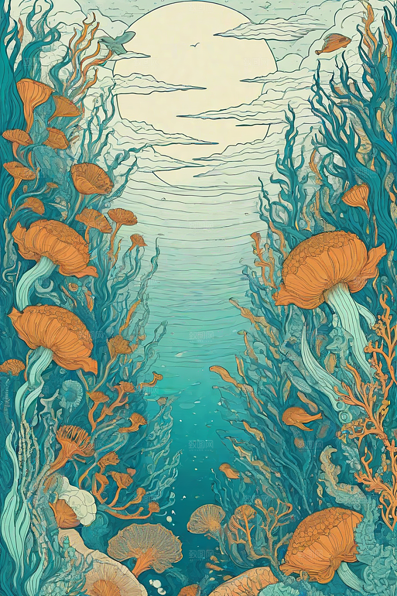 海洋之花风格插画的海洋植物和生物